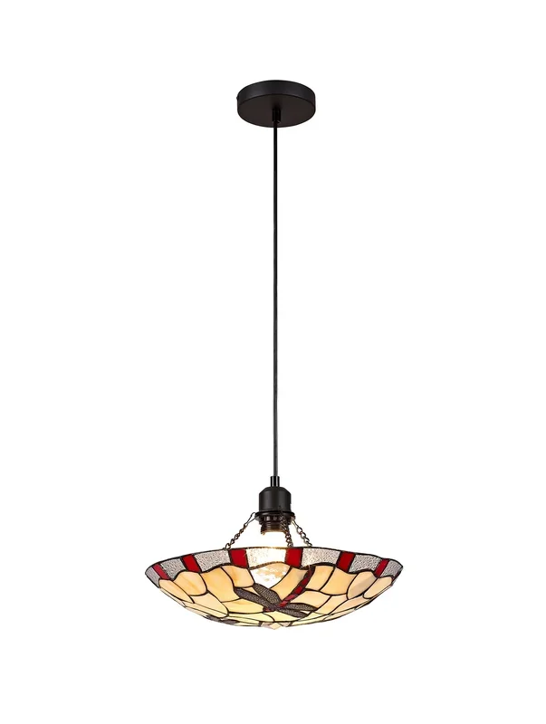 Adena 1 Light Pendant E27 With 35cm Tiffany Shade, Red/ Cream/Clear Crystal/Black