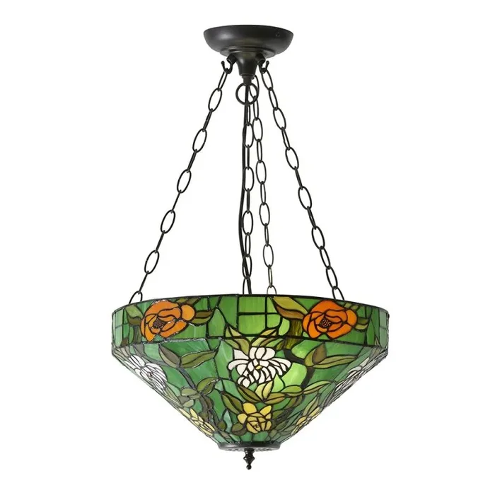 Agapantha 3 Light E27 Dark Bronze Medium Adjustable Inverted Pendant C/W Green Tiffany Shade