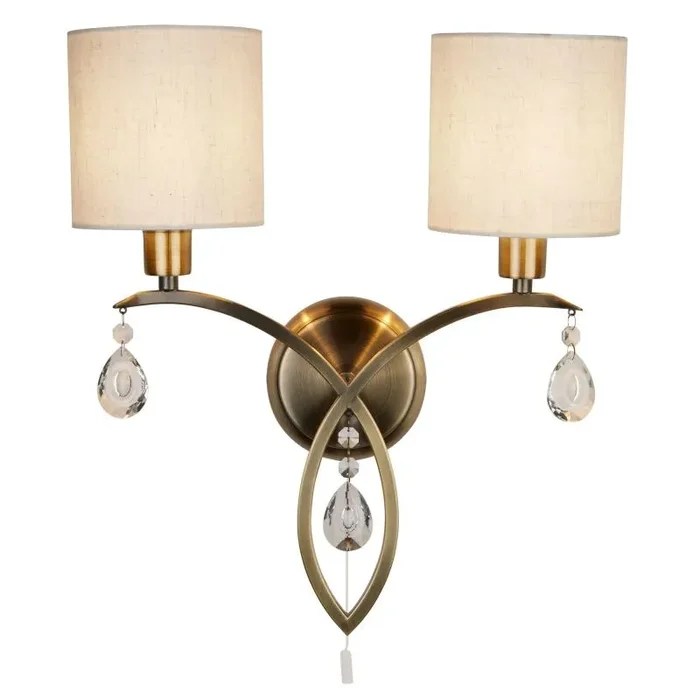 Alberto 2 Light Wall Bracket, Antique Brass, Linen Shades