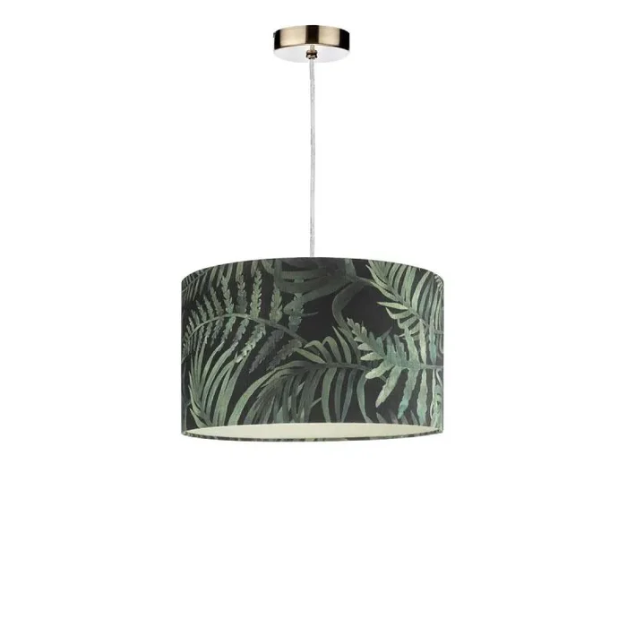 Alto 1 Light E27 Antique Brass Adjustable Pendant C/W Green Leaf Cotton 35cm Drum Shade