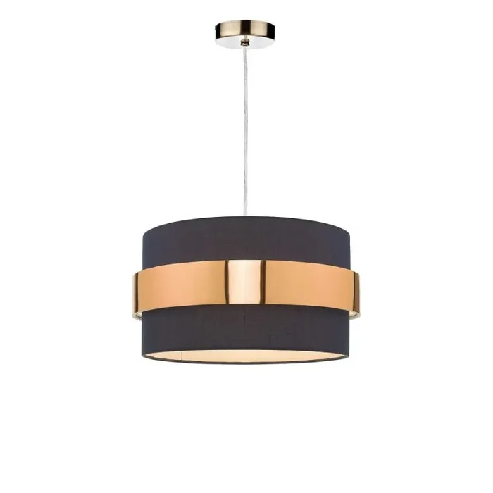 Alto 1 Light E27 Antique Brass Adjustable Pendant C/W Navy Blue Cotton Shade With Copper Band Finish