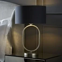Antonia Brushed Chrome Oval Table Lamp with Grey and Chrome Shade