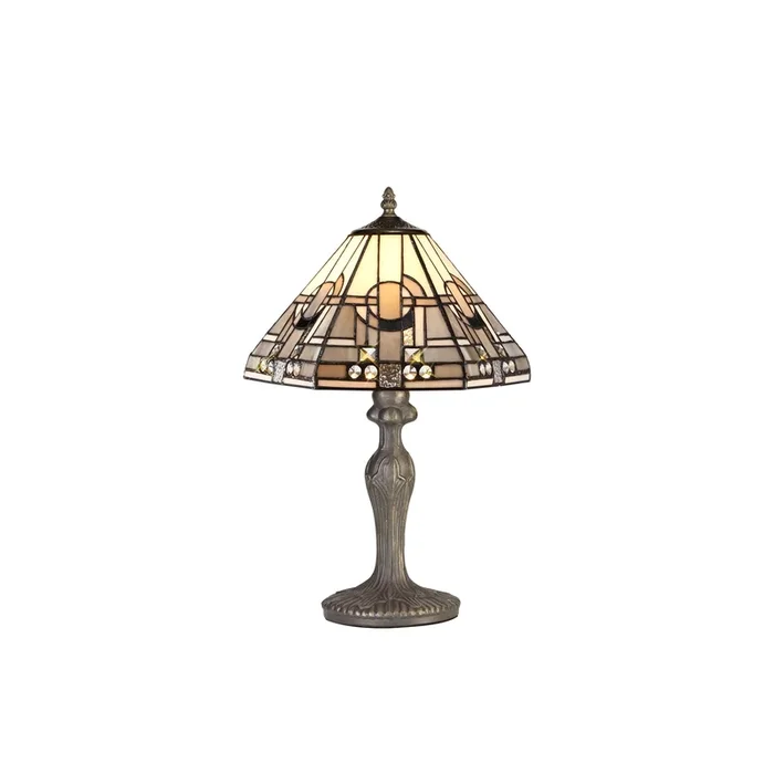 Atek 1 Light Curved Table Lamp E27 With 30cm Tiffany Shade, White/Grey/Black/Clear Crystal/Aged Antique Brass