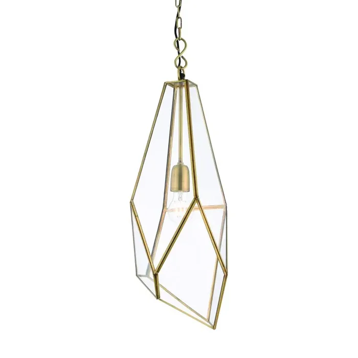 Avery 1 Light E27 Antique Brass Angular Cage Pendant With Glass Panels