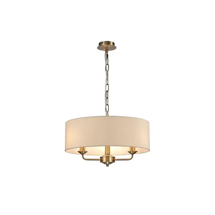 Banyan 3 Light Multi Arm Pendant, With 1.5m Chain, E14 Antique Brass With 45cm x 15cm Faux Silk Shade, Ivory Pearl/White Laminate