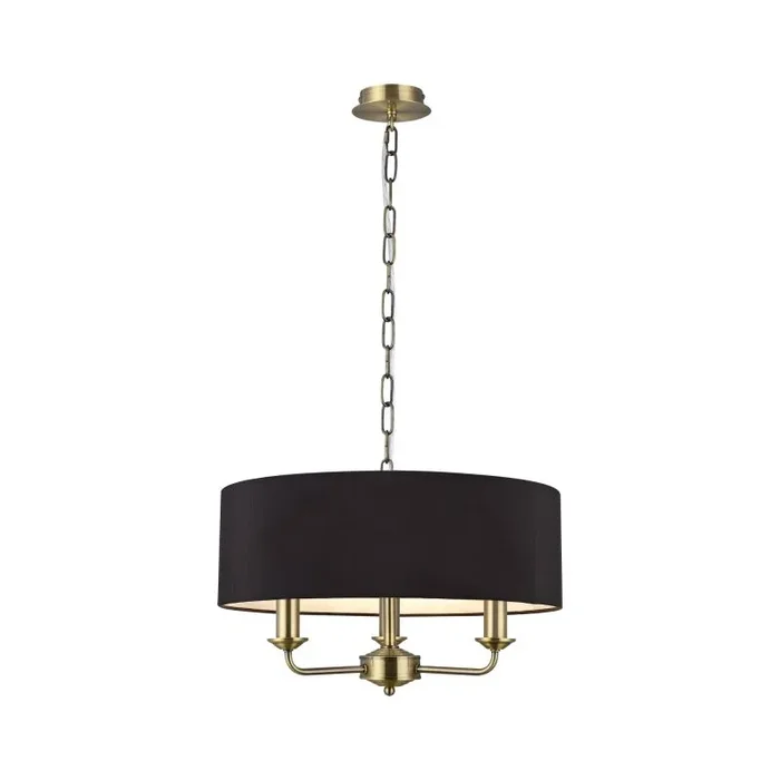 Banyan 3 Light Multi Arm Pendant, With 1.5m Chain, E14 Antique Brass With 45cm x 15cm Faux Silk Shade, Black