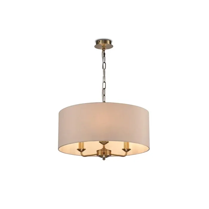 Banyan 3 Light Multi Arm Pendant, With 1.5m Chain, E14 Antique Brass With 50cm x 20cm Dual Faux Silk Shade, Nude Beige/Moonlight