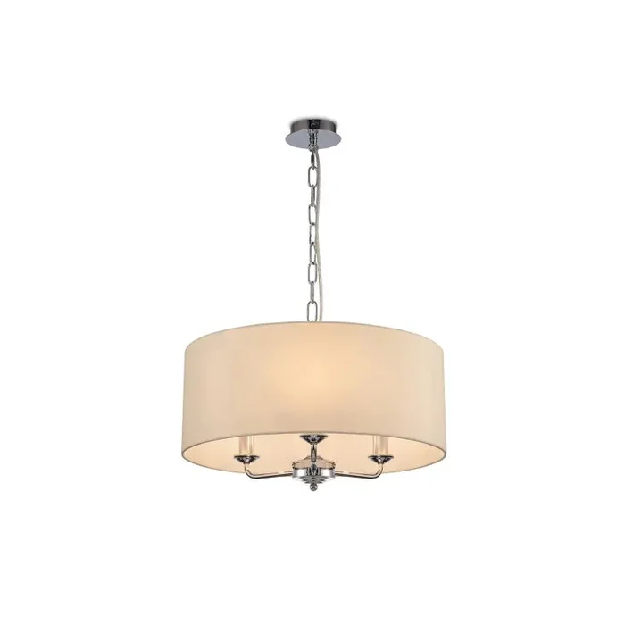 Banyan 3 Light Multi Arm Pendant, With 1.5m Chain, E14 Polished Chrome With 50cm x 20cm Faux Silk Shade, Ivory Pearl/White Laminate