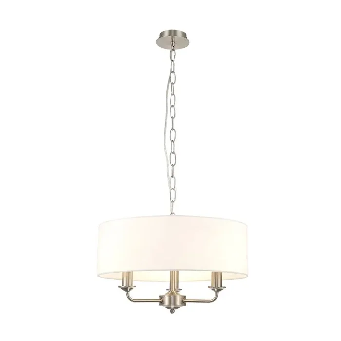 Banyan 3 Light Multi Arm Pendant, With 1.5m Chain, E14 Satin Nickel With 45cm x 15cm Faux Silk Shade, White