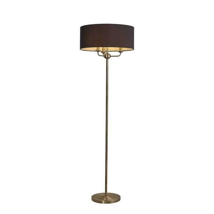 Banyan 3 Light Switched Floor Lamp With 50cm x 20cm Faux Silk Shade, Black/White Laminate Antique Brass