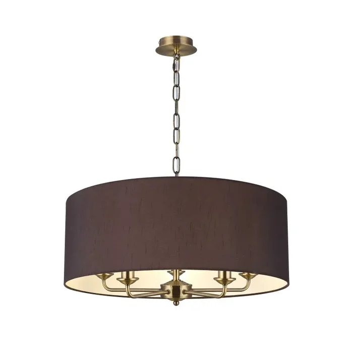 Banyan 5 Light Multi Arm Pendant, With 1.5m Chain, E14 Antique Brass With 60cm x 22cm Faux Silk Shade, Black/White Laminate