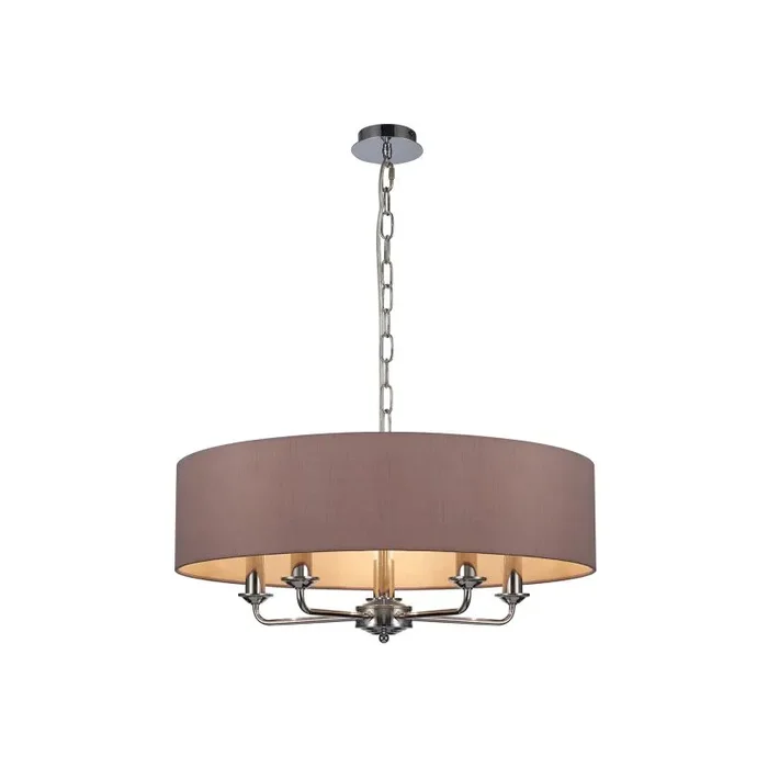 Banyan 5 Light Multi Arm Pendant, With 1.5m Chain, E14 Polished Chrome With 60cm x 15cm Dual Faux Silk Shade, Taupe/Halo Gold