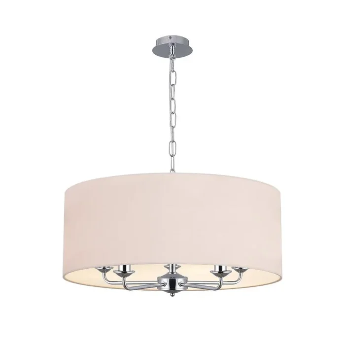 Banyan 5 Light Multi Arm Pendant, With 1.5m Chain, E14 Polished Chrome With 60cm x 22cm Dual Faux Silk Shade, Nude Beige/Moonlight