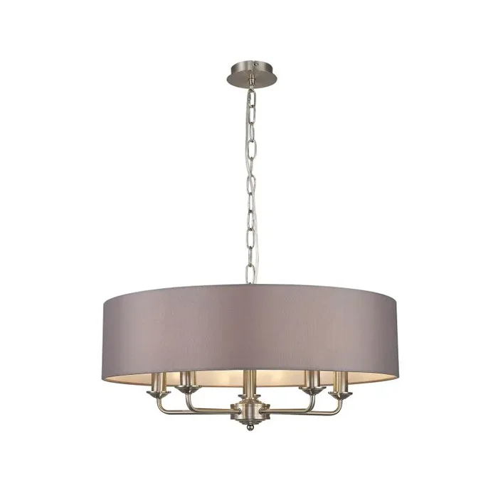 Banyan 5 Light Multi Arm Pendant, With 1.5m Chain, E14 Satin Nickel With 60cm x 15cm Faux Silk Shade, Grey
