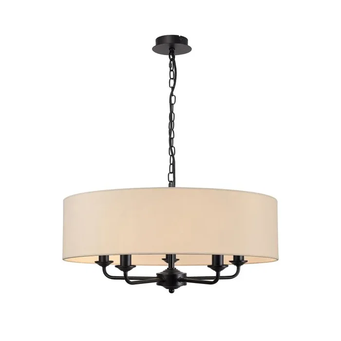 Banyan 5 Light Multi Arm Pendant With 60cm x 15cm Faux Silk Fabric Shade Matt Black/Ivory Pearl