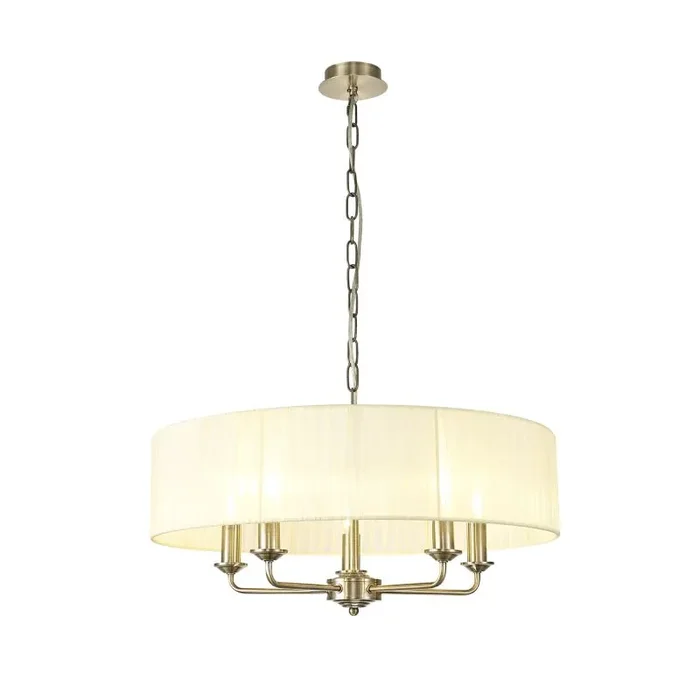Banyan 5 Light Multi Arm Pendant With 60cm x 15cm Organza Shade Antique Brass/Cream