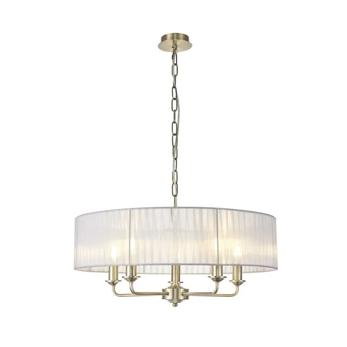 Banyan 5 Light Multi Arm Pendant With 60cm x 15cm Organza Shade Antique Brass/Grey