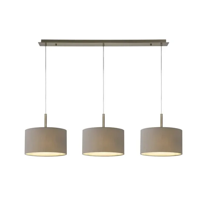 Baymont Antique Brass 3 Light E27 Linear Pendant With 30cm x 17cm Faux Silk Shade, Grey/White Laminate