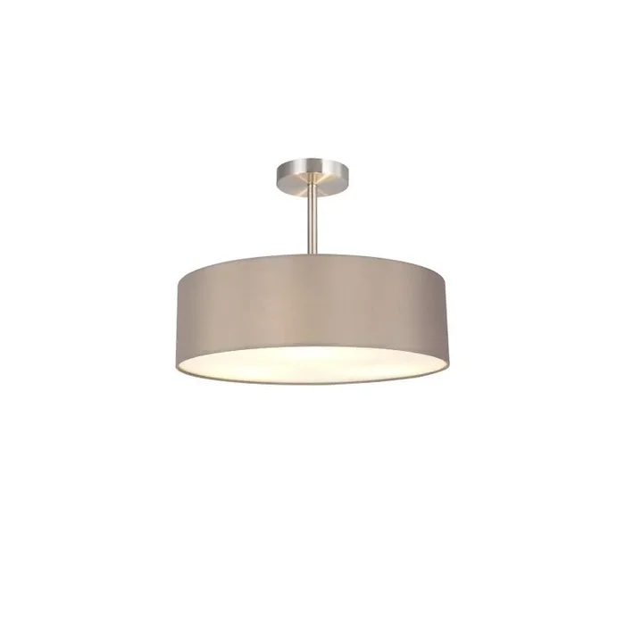 Baymont Satin Nickel 3 Light E27 Semi Flush Fixture, With 45cm x 15cm Faux Silk Shade, Grey