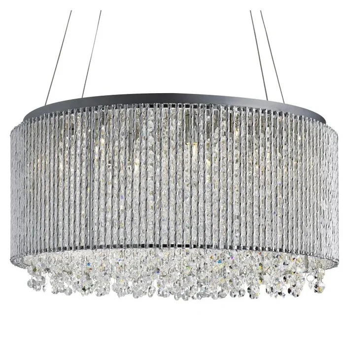 Beatric 8 Light Drum Pendant, Chrome, Clear Crystal Button Drops, Aluminium Outer Trim