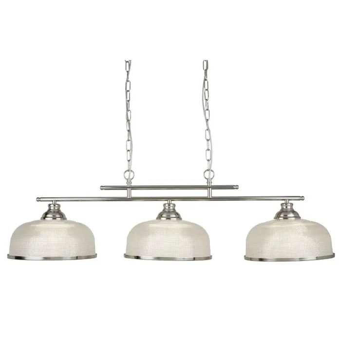 Bistro II – 3 Light Ceiling Bar, Satin Silver, Halophane Glass