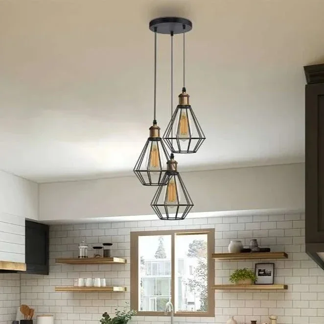 Black Wire Cage Cluster Hanging Light Diamond Shape ~5146
