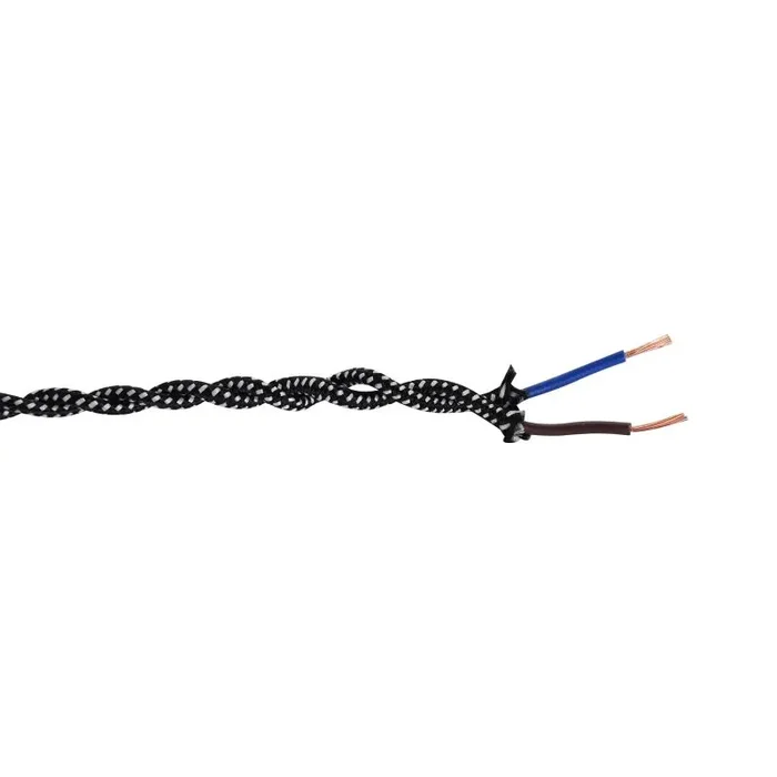Cavo 1m Black & White Spot Braided Twisted 2 Core 0.75mm Cable VDE Approved (qty ordered will be supplied as one continuous length)