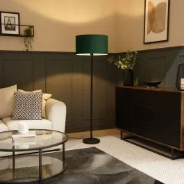 Charlie Black Floor Lamp with Large Velvet Reni Shade in Forest Green