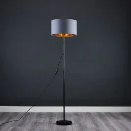 Charlie Black Floor Lamp with Large Warm Grey and Gold Inner Reni Shade