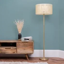 Charlie Gold Floor Lamp with XL Wicker Effect Reni Shade