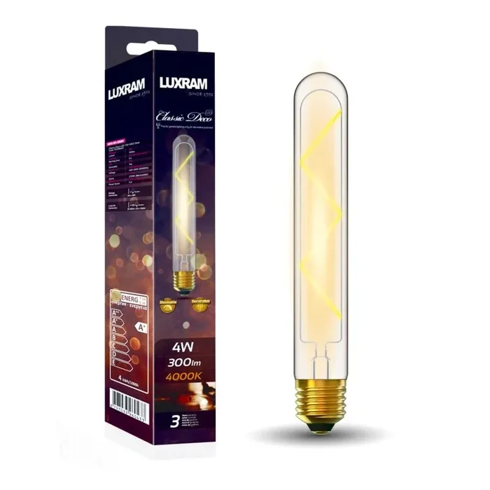 Classic Deco LED 185mm Tubular Z E27 Dimmable 4W 4000K Natural White, 300lm, Clear Glass, 3yrs Warranty