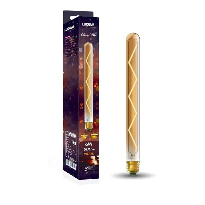 Classic Deco LED 280mm Tubular Z E27 Dimmable 6W 1800K Extra Warm White, 500lm, Gold Finish, 3yrs Warranty