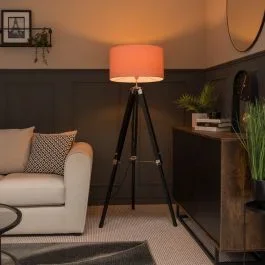 Clipper Black Wood Tripod Floor Lamp with Large Reni Shade in Blush