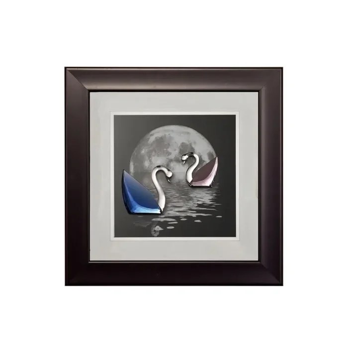 (DH) Nature Moonlight Swans Black Frame Blue, Pink, Clear Crystal