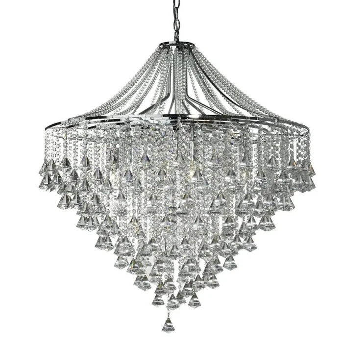 Dorchester – 7 Light Ceiling, Chrome With Clear Crystal Buttons & Pyramid Drops