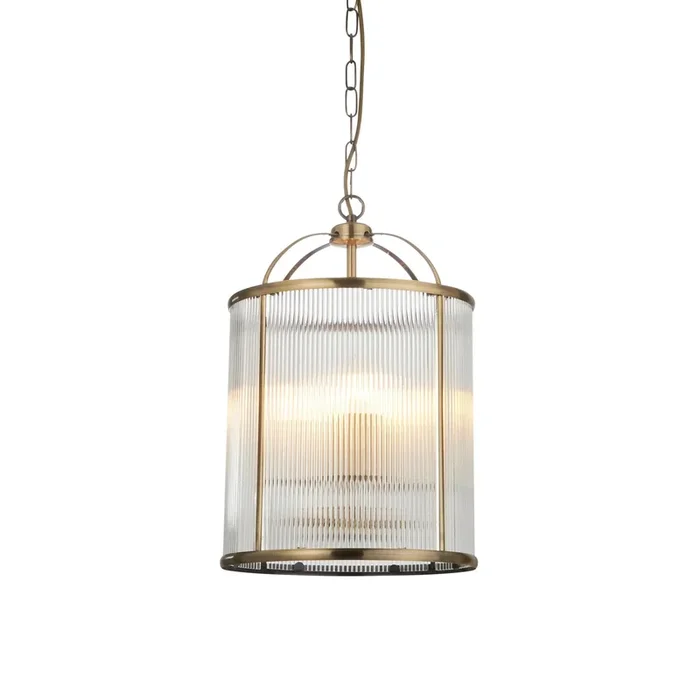 Endon Lighting 106711 Lambeth Ribbed Indoor Pendant Light Antique brass plate & clear ribbed glass Dimmable