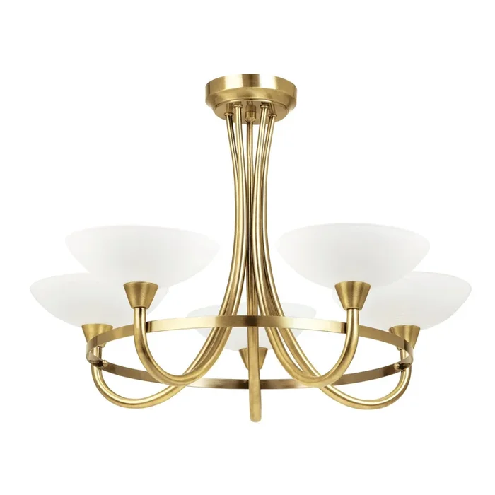 Endon Lighting CAGNEY-5AB Cagney Indoor Semi flush Light Antique brass plate & white glass Dimmable