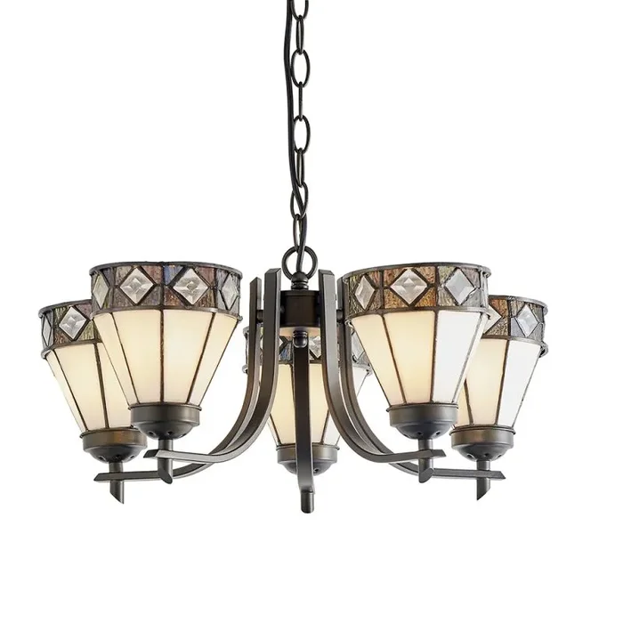 Fargo 5 Light E14 Dark Bronze Adjustable Pendant C/W Iridescent Tiffany Shades