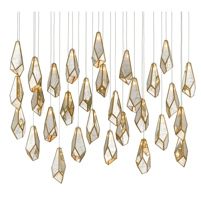 Glace Mirror 30-Light Rectangular Multi-Drop Pendant – Painted Silver/Antique Brass9000-0707