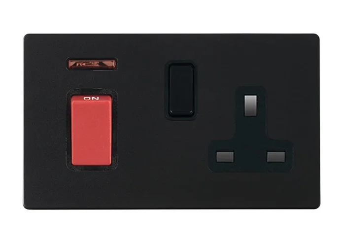 Hamilton Hartland G2 Matt Black Switched Socket Neon Cooker Unit 45DP+N+SS1 BL/Red/BL 7G2MB45SS1BL-B