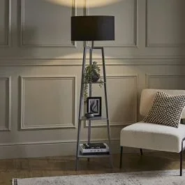 Hiru Grey Tripod Floor Lamp with Large Black Shade