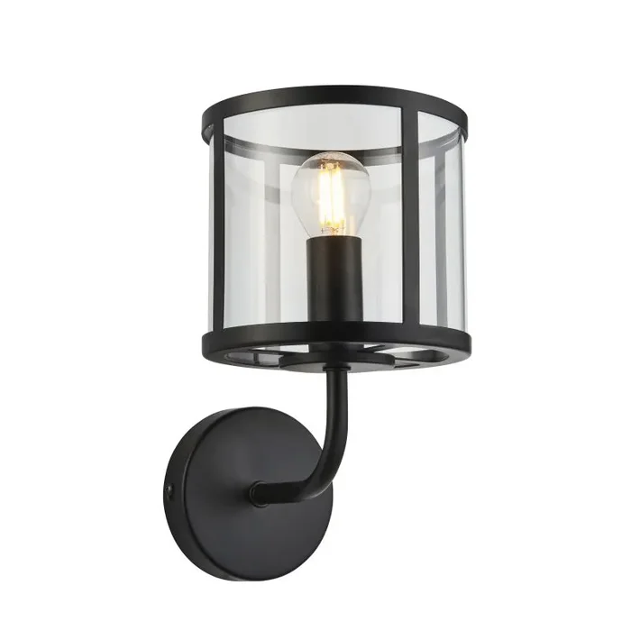 Hopton 1 Light E27 Matt Black Wall Light With Clear Glass Shade