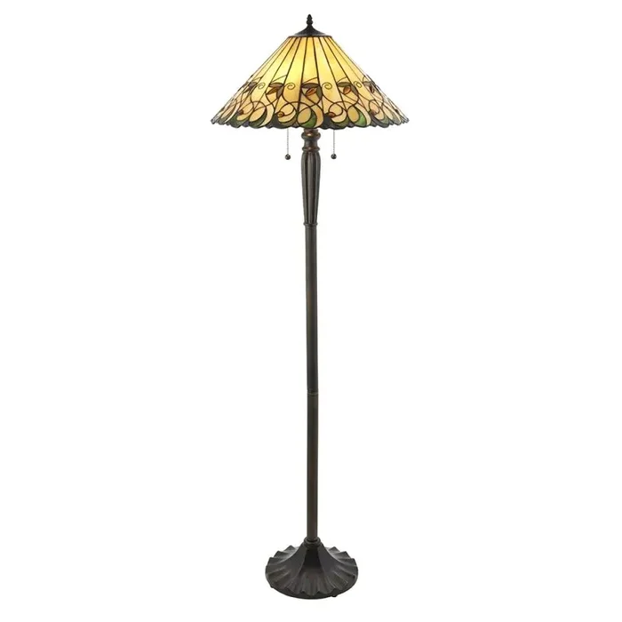 Jamelia 2 Light E27 Dark Bronze Floor Lamp With Lampholder Pull Cord Switch C/W Amber Tiffany Shade