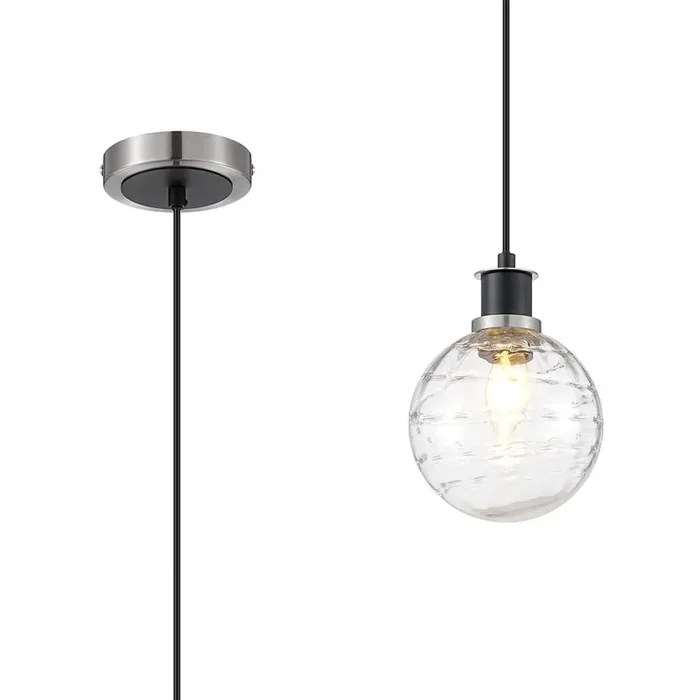 Jestero IP 1.3m Pendant, 1 Light E14 IP44 With 15cm Round Textured Melting Glass Shade, Satin Nickel, Clear & Satin Black