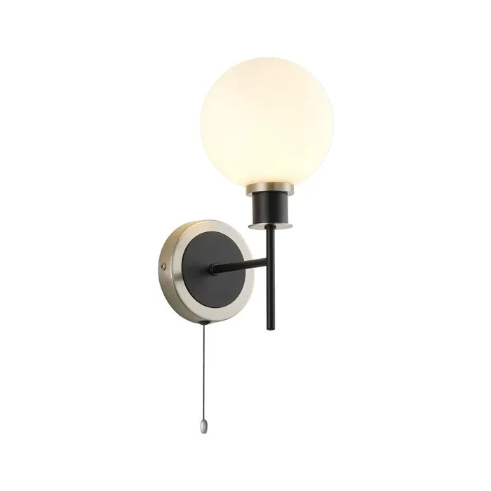 Jestero IP Switched Wall Light, 1 Light E14 IP44 With 15cm Round Glass Shade, Satin Nickel, Opal & Satin Black