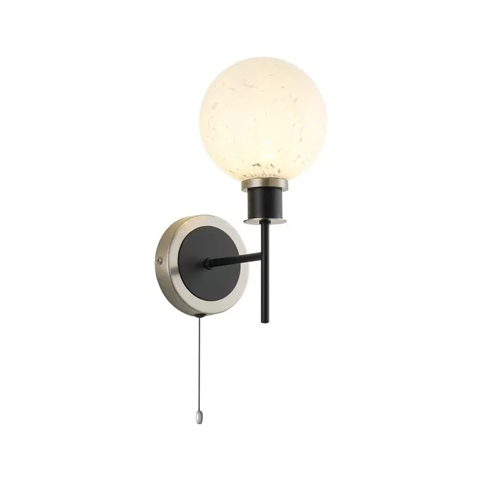 Jestero IP Switched Wall Light, 1 Light E14 IP44 With 15cm Round Speckled Glass Shade, Satin Nickel, White & Satin Black