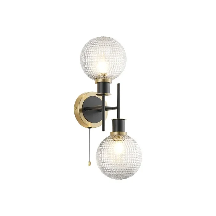 Jestero IP Switched Wall Light, 2 Light E14 IP44 With 15cm Round Textured Diamond Pattern Glass Shade, Brass, Clear & Satin Black
