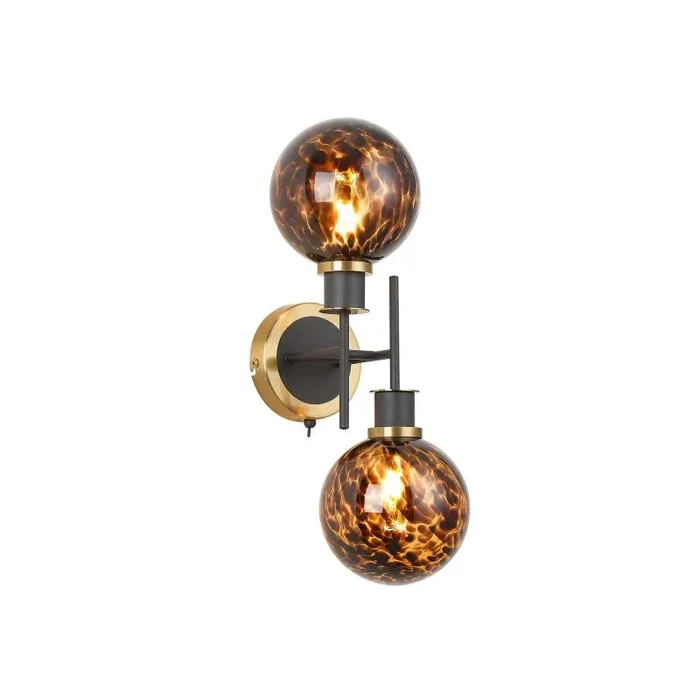 Jestero Switched Wall Light, 2 Light E14 With 15cm Round Brown & Amber Tortoise Shell Glass Shade, Brass & Satin Black