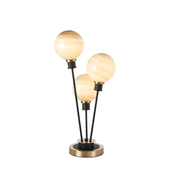 Jestero Table Lamp Touch Switch, 3 Light E14, With 15cm Round Dark Beige Marble Effect Glass Shade Brass & Satin Black