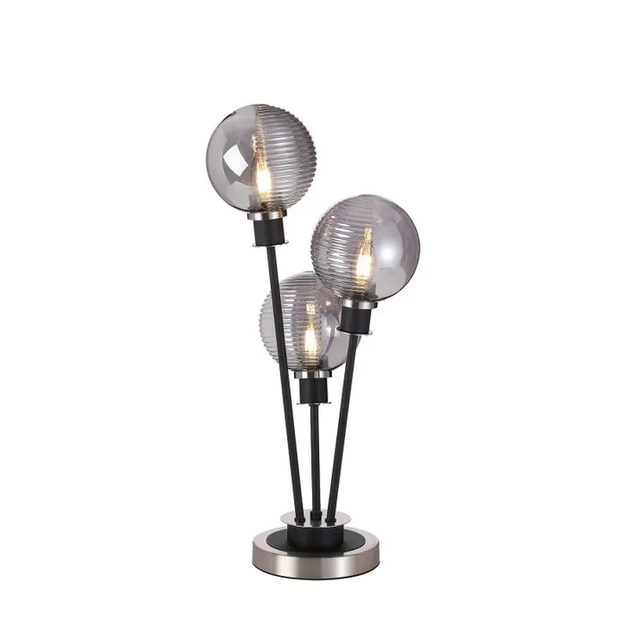 Jestero Table Lamp Touch Switch, 3 Light E14, With 15cm Round Double Texture Smooth/Ribbed Glass Shade Satin Nickel,Smoke Plated, Satin Black